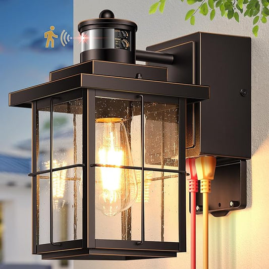 Gleamz Motion Sensor Front Porch Light with Outlet, Oil Rubbed Bronze Outdoor Light with GFCI Outlet, Exterior Sconce Light with Adjust Sensitivity, Garage Lights Wall Lantern for Coach, Balcony, Home