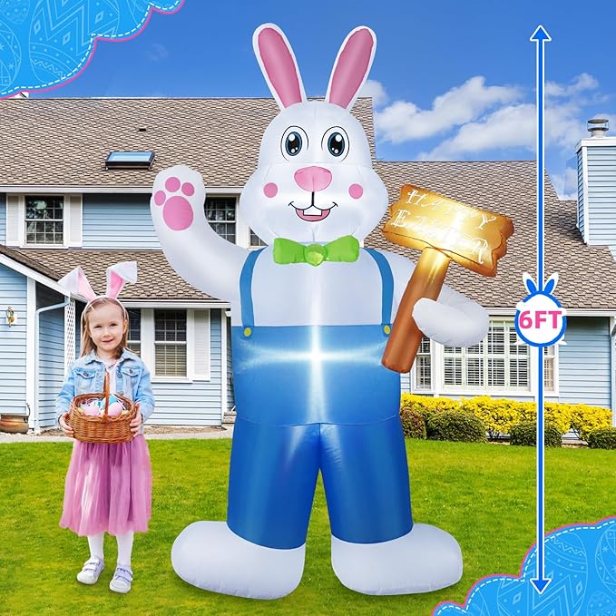 B&D 6FT Easter Inflatables Outdoor Decorations Blow Up Inflatable Bunny Holding A Sign Built-in LEDs, Happy Easter Decorations Inflatable Rabbit for Holiday Party Indoor Outdoor Yard Garden Lawn