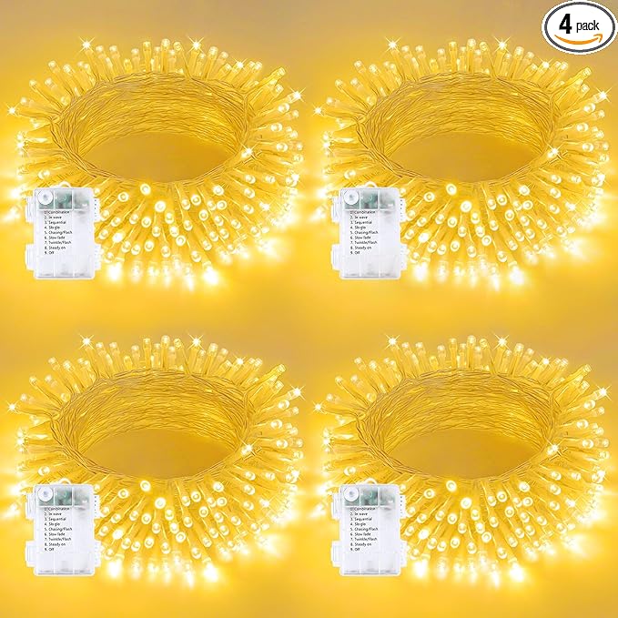 4 Pack Christmas String Lights Battery Operated with Timer, 66FT 200 LED Waterproof Twinkle Lights, 8 Modes Fairy Light for Indoor and Outdoor Bedroom Garland Tree Christmas Decorations (Warm White)