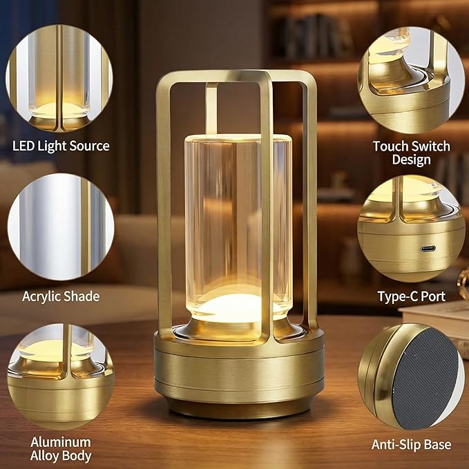 Cordless Table Lamp for Outdoor Indoor Rechargeable LED Crystal Lantern Lamp, 3 Color Stepless Dimming Touch Portable Metal Desk Lamp for Bedroom Restaurant Home Gold