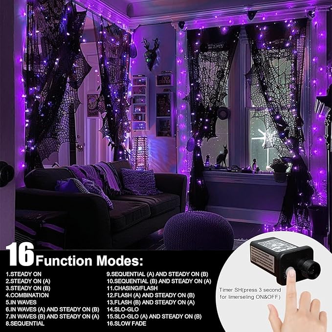 LAMPHOME 66ft Halloween Decorative Mini Lights, 200 LED Green Wire Fairy Starry String Lights Plug in, 11 Lighting Modes, for Halloween Decoration Outdoor Xmas Tree Party Decoration (Purple)