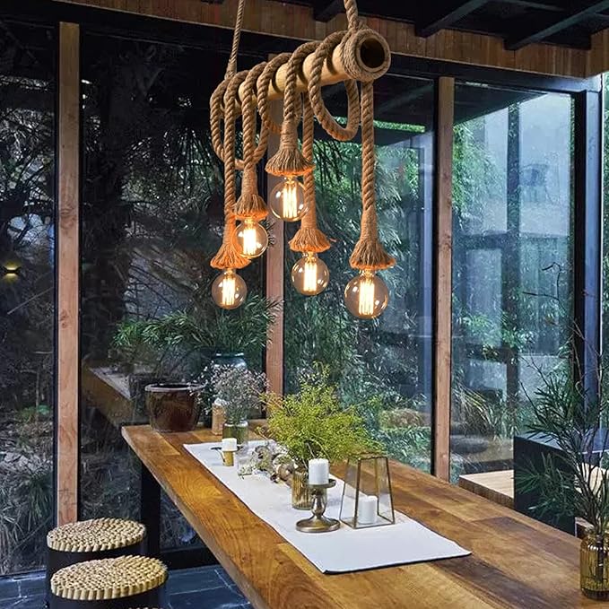 Arturesthome 5 Heads Vintage Bamboo Chandeliers Hemp Rope Pendant Light Fixture, Unique Rustic Industrial Hanging Lamp for Bedroom Restaurant Cafe Bar Decoration