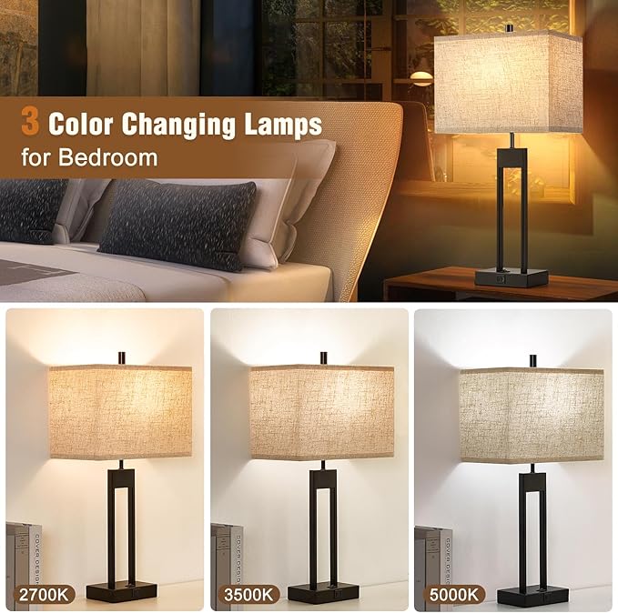 25.5’’ Nightstand Table Lamps for Bedrooms Set of 2, Bedside Lamp with USB C+A, 3 Colors Changeable Living Room Lamps for End Tables, Modern Night Stand Lamps for Bed Side Guest Room Office Reading