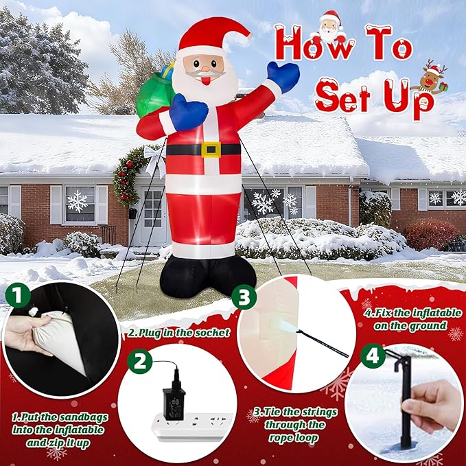 B&D 12FT Giant Christmas Inflatables Santa Claus Outdoor Decorations Built-in LED Lights, Christmas Blow Up Santa Yard Decorations with Gift Bag Inflatable Xmas Decorations for Yard Garden Lawn