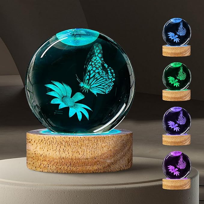 Crystal Ball Night Light - 60mm Glass Ball with Remote, Butterfly Figurines, Perfect for Home Decor, Gifts for Women, Kids, Teens