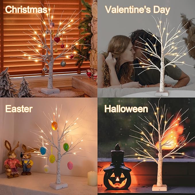 Woohaha Birch Tree Easter Decorations Indoor for Home,2ft 24LED Warm White Light Up Birch Tree，Battery&USB Tabletop Timer Artificial Mini Christmas Tree with Lights for Holiday Party Wedding