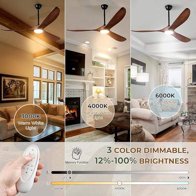 60" Outdoor Ceiling Fans with Lights and Remote Control, 3 Blade Ceiling Fan with Lights High CFM Quiet Wood Walnut Outdoor Fan, Propeller Ceiling Fan for Outdoor/Indoor/Patio,Deep Walnut