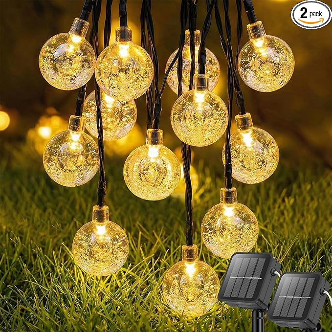 Metaku 2 Pack Solar String Lights for Outside, Total 40FT 60 LED Crystal Globe String Lights, Solar Powered Outdoor Lights with 8 Lighting Modes, Patio Light for Garden, Camping and Party Warm White