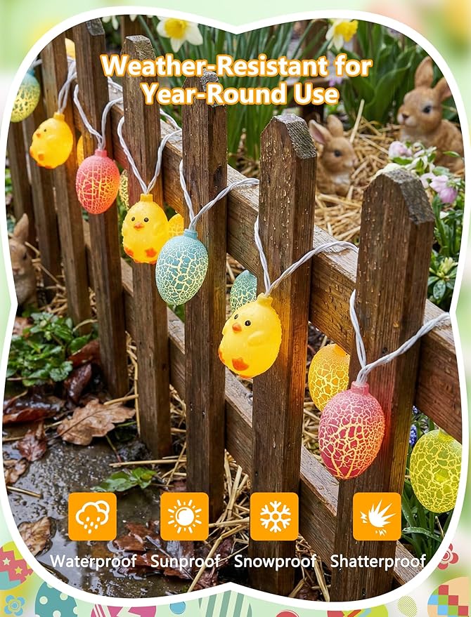 8.5Ft Easter String Lights, 10 LED Multicolored Cracked Eggs and Chicken Fairy Lights, Plug in Waterproof IP44 Spring Garland, UL Listed Outdoor Lights for Easter Home Garden Party Patio Decor