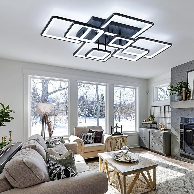 Modern LED Ceiling Light, Dimmable LED Chandelier Black Flush Mount Ceiling Lights, Remote Control Acrylic Ring Ceiling Lamp Fixture for Living Room Dining Room Bedroom, 8H-FANG-BL-04