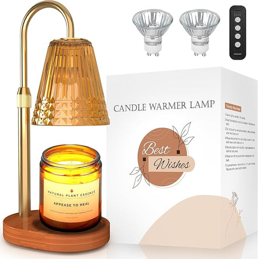 Candle Warmer Lamp with Timer Dimmer: Height Adjustable Wax Melt Warmer for Scented Jar Candles with 2 Bulbs, Christmas Birthday Gifts for Women Mom, House Warming Gifts New Home Room Decor (Gold)