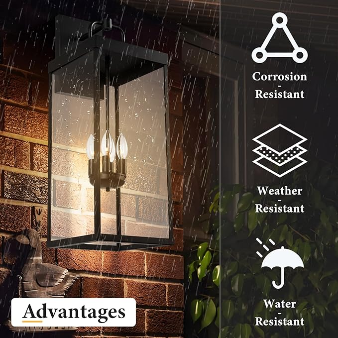 Outdoor Wall Sconce Light, 28 Inch Tall Transitional Exterior Wall Bracket Lighting with Clear Glass, Modern Anti-Rust Outside Black Carriage Lantern Lamp for Front Porch Corridor Doorway Patio