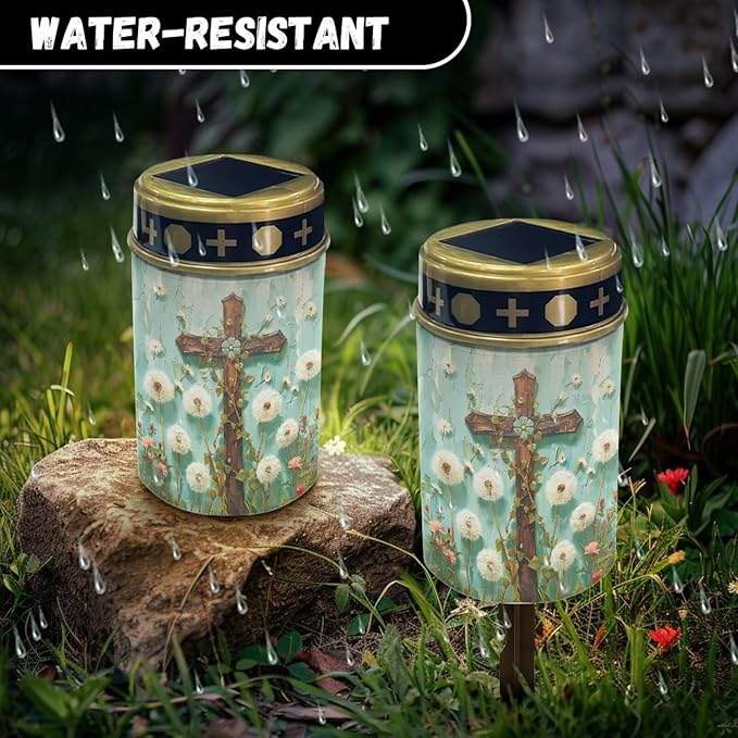 Dandelion Cross Prayer Cemetery Solar Lights for Grave Cemetery Decor Candle Lamp Solar Powered Landscape Lights