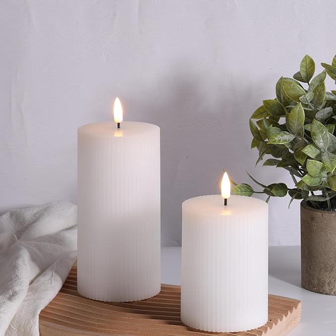 White Ribbed Flameless Pillar Candles with Remote, Flickering LED Wax Candles Battery Operated Set of 2