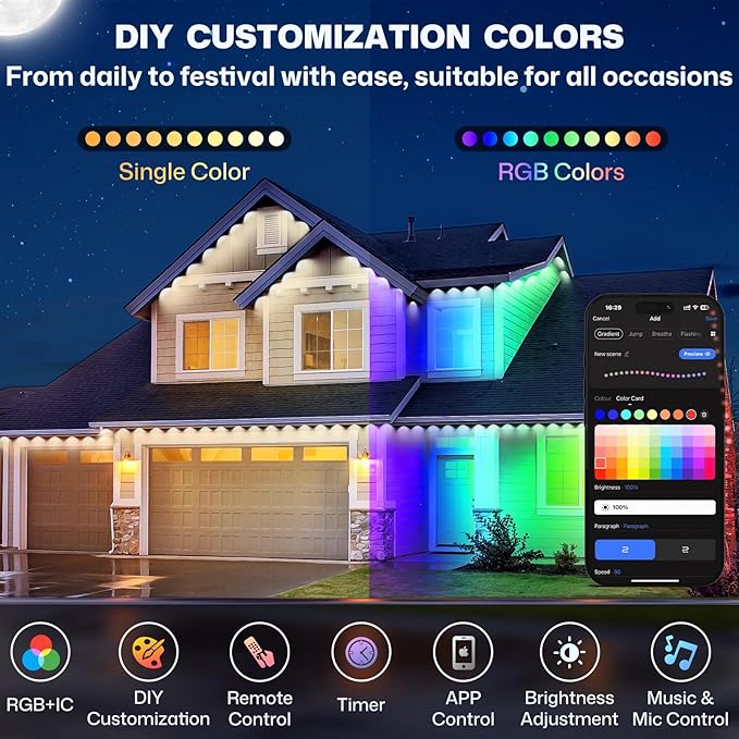 Permanent Outdoor Lights, 100ft Smart Eave Light with 72 LED Lights, IP67 Waterproof, App Control, Outdoor Lights, DIY RGB+IC Light for House Holiday Decorations