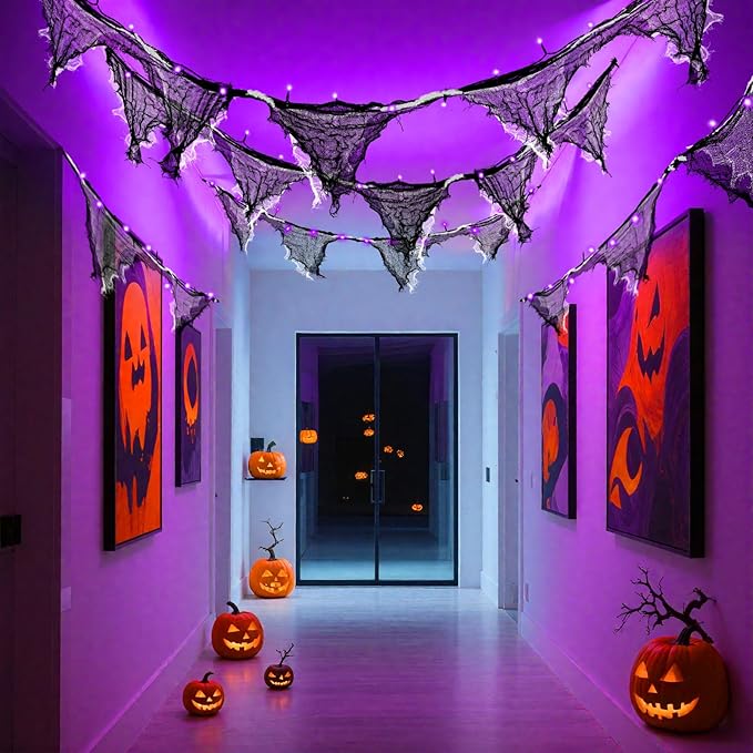 Halloween Lights Battery Operated or USB, Creepy Cloth String Lights with Timer Waterproof 9.8ft 30LED Purple String Lights Halloween Decortions for Fireplace Window Door Mirror