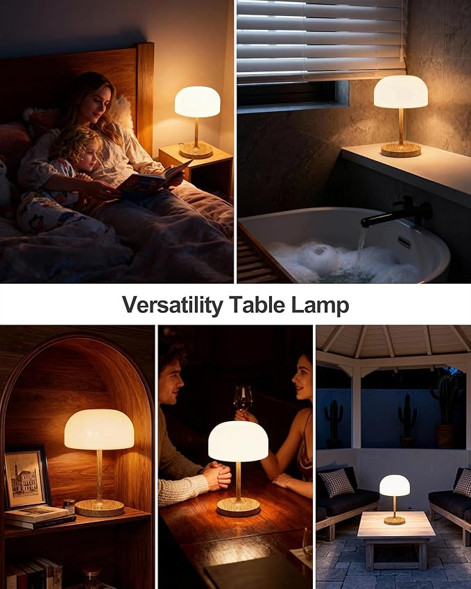 VoMii Mushroom Lamp, 9” Cordless Table Lamp Waterproof Shower Lamps with 4000mAh Battery Rechargeable & 3 Color Temperatures, Dimmable LED Night Light for Bathroom, Bedroom & Home Decor - Wood Grain