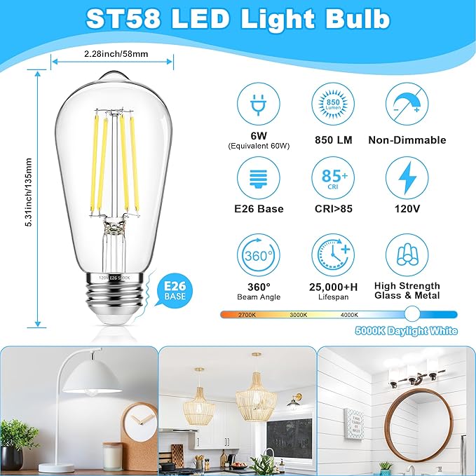 Vintage LED Edison Bulbs 60W Equivalent 850 Lumens, 6W Edison Light Bulb Daylight White 5000K, ST58 LED Filament Bulb E26 Base, Non-Dimmable, Clear Glass, Pack of 6