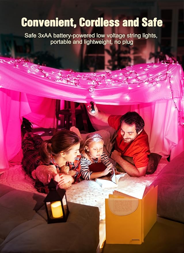 Battery Operated Christmas String Lights, 8ft 20 LED Mini Lights with Timer, Christmas Tree Lights for Indoor Outdoor Bedroom Wedding Party Holiday Xmas Decoration，Pink