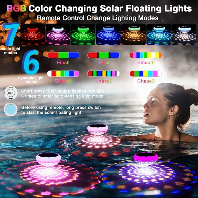 Solar Floating Pool Lights(2 PCS), USB Rechargeable 2600mAh Pool Lights with Remote, 6.69 Inch IP68 Waterproof RGB 6 Dynamic Modes Upper and Lower Glow Hangable Solar Floating Light for Garden