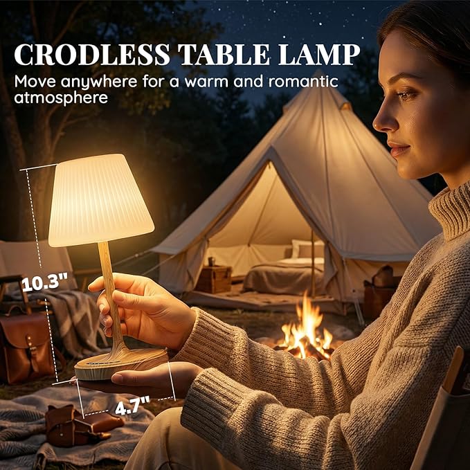 Cordless Table Lamp, Waterproof Shower Lamp, 4000mAh Rechargeable Table Lamps, 3-Color Dimmable Touch Light, Battery Operated Lamp Small Night Desk Lamp for Bathroom Kitchen Bedroom Patio (Wood Grain)