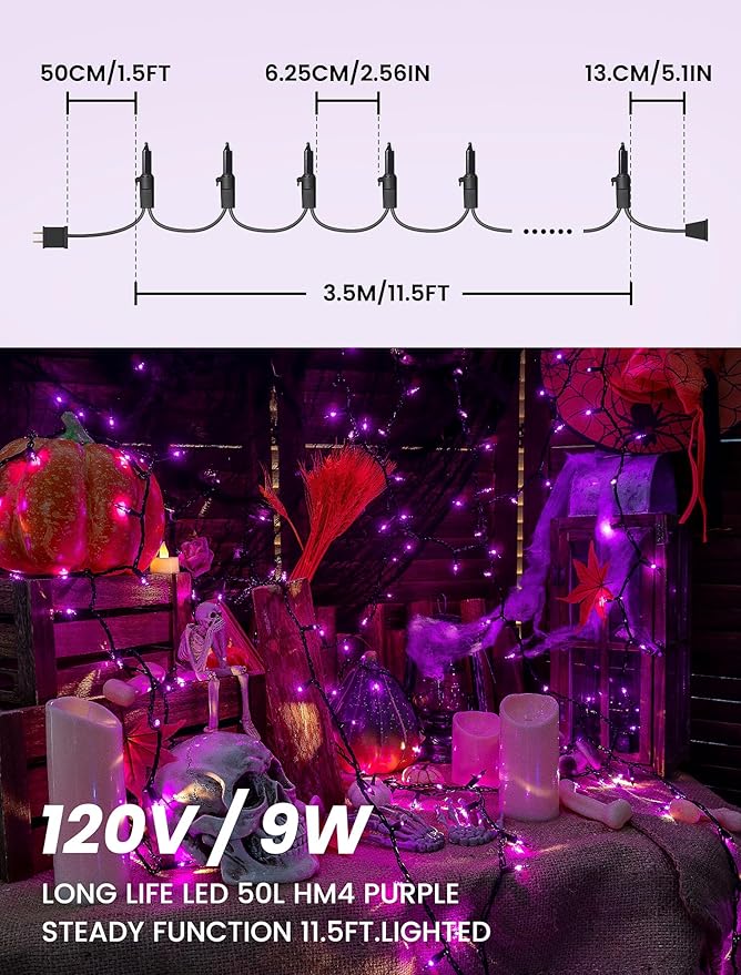 Hopolon Purple Halloween Lights,2PACK 13ft 50Count Halloween Decorations Mini Purple String Lights with Black Wire Waterproof UL Certified for Indoor Outdoor Christmas Tree Home Party Garden Holiday