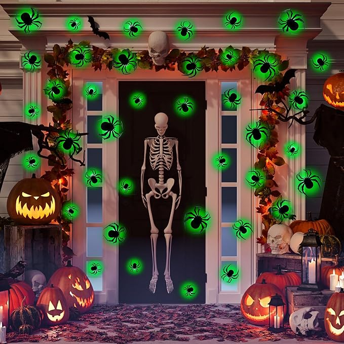 36 PCS LED Green Lighted 3D Spiders Halloween Decoration, 4 Sizes Shapes Removable PVC Spiders Sticker, Waterproof Halloween Spider Wall Decor for Home Indoor Outdoor Room Window Door Wall Party Decor