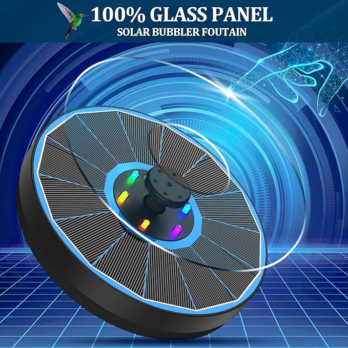 Solar Fountain New, 3.5W Solar Bird Bath Fountains with Glass Panel, 2200 Battery, Hummingbird Water Features with Color LED Lights, 8 Spray Modes & 4 Fixed Pipes for Garden, Pool, Pond