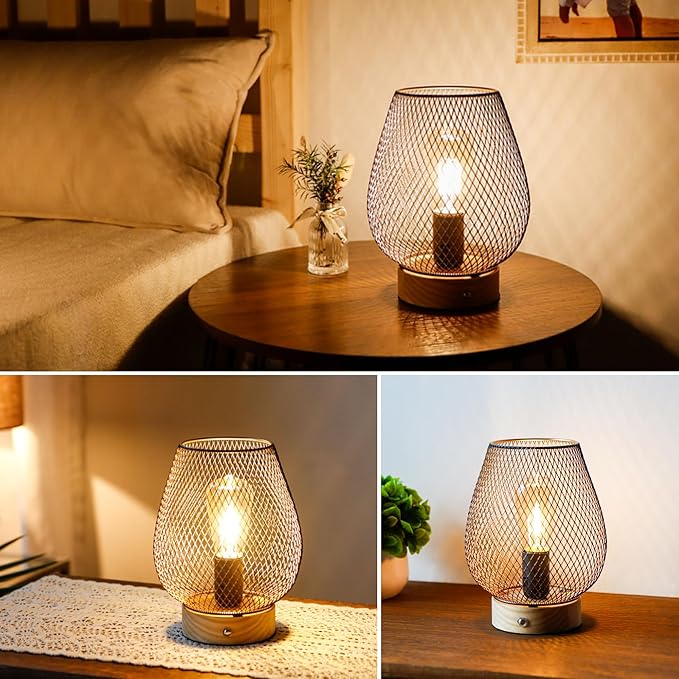 JHY DESIGN Dimmable Touch Bedside Table Lamp Metal Rechargeable Battery Powered Lamp with LED Bulb for Weddings Parties Patio Events for Indoors Outdoors(Bronze Egg, Wooden Base)