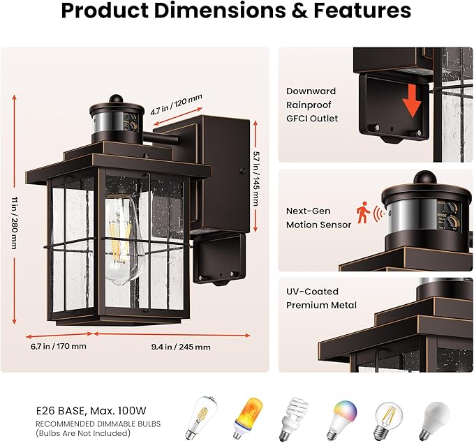 Gleamz Motion Sensor Front Porch Light with Outlet, Oil Rubbed Bronze Outdoor Light with GFCI Outlet, Exterior Sconce Light with Adjust Sensitivity, Garage Lights Wall Lantern for Coach, Balcony, Home