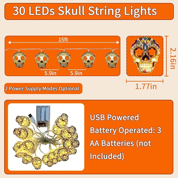 Halloween String Lights,15FT 30 LED Fairy Decor Lights USB & Battery Operated (Not Included) Cute Skull String Lights 2 Modes Waterproof Fall Light Decoration for 2025 Indoor Outdoor Home Party Garden
