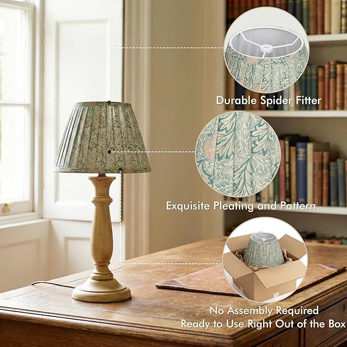Sage Green Empire Pleated Lamp Shades Set of 2, 5" x 9" x 6.2" Small Vintage Leaves Print Fabric Lampshades for Table Lamps, Spider Fitter Replacement Lamp Shades, Assembly-Free