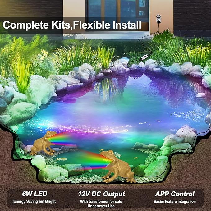 Pond Light with APP, 6W Frog Fountain Light led Underwater with 12V Transformer, IP68 Waterproof Underwater Pond Lights with Long Cable for Ponds Waterfall Fountain Water Feature, 2 SpotLights