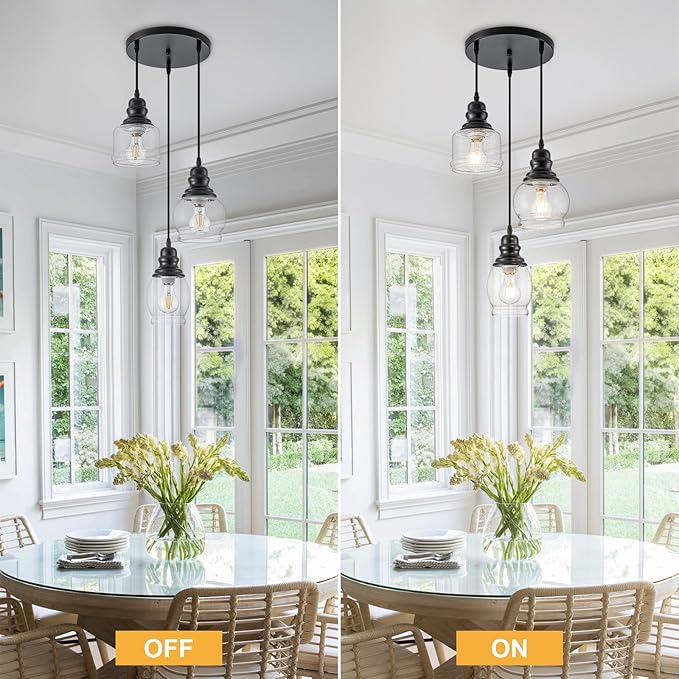 WILON Pendant Light Fixtures, 3 Light Pendant Lighting for Kitchen Island Industrial Hanging Pendant Lighting with Seeded Glass Shade, Black Glass Pendant Light for Dining Room Kitchen Island