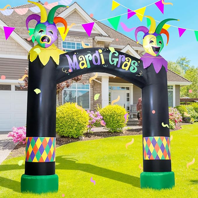 10FT Mardi Gras Inflatable Arch with LED Lights - Easter Blow Up Outdoor Decoration, Jester Mask Archway for Party/Yard/Garden/Lawn, Built-in Sandbags & Easy Set up
