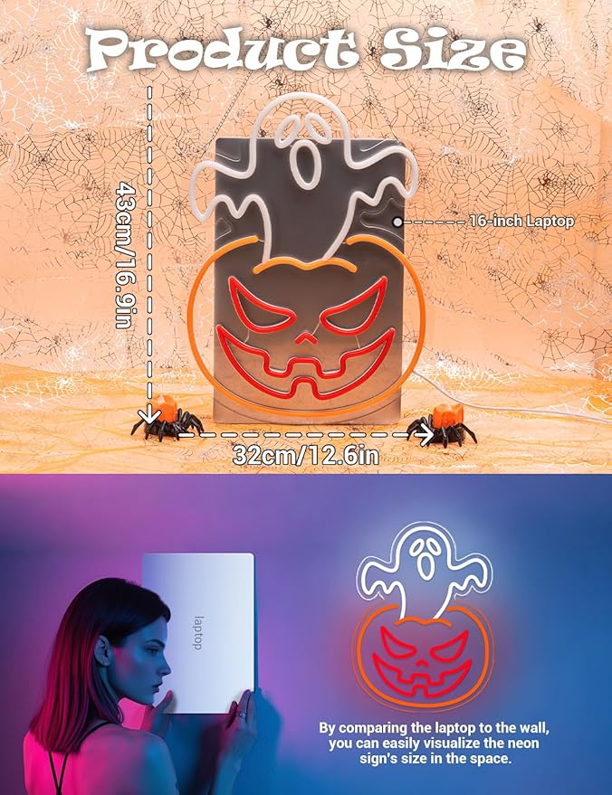 Ghost Pumpkin Halloween Window Lights Neon Signs for Indoor Wall Decor, Halloween LED Neon Light Decoration Sign for Party Doors Window (Ghost Pumpkin)