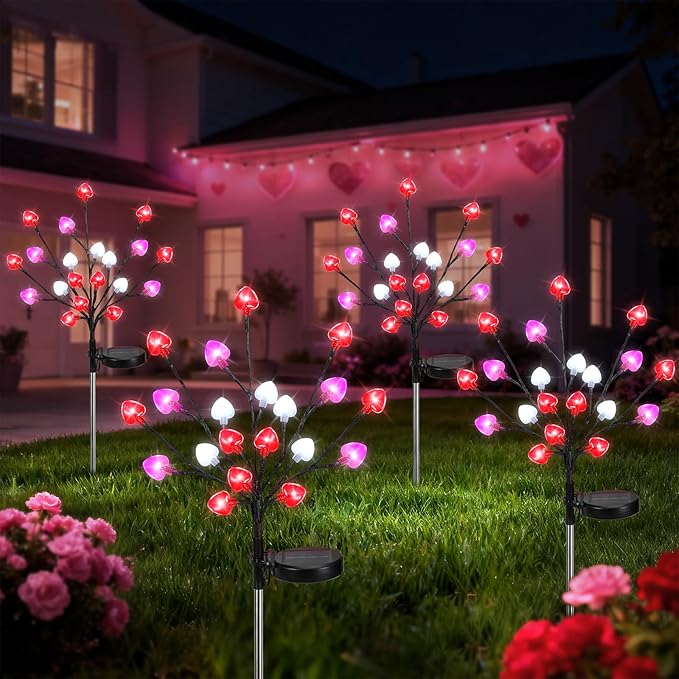 Lewondr Valentine's Day Solar Outdoor Lights, 4 Pcs Valentines Day Decorations, 20 LED Red Pink White Heart Solar Lights with 2 Modes, Waterproof Valentines Decor for Outdoor Garden Lawn Yard Pathway