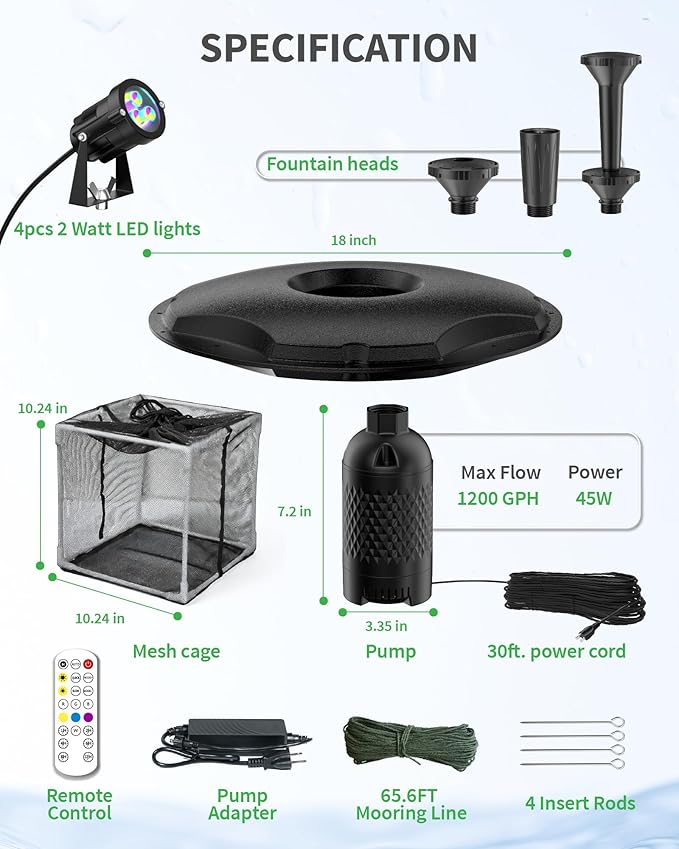 POPOSOAP Floating Fountain with LED Lights, Pond Fountain and Aerator Complete Kit with 1200GPH Water Pump 30FT Power Cord, 3 Spray Styles for Ponds, Pool, Lakes & Water Gardens P145
