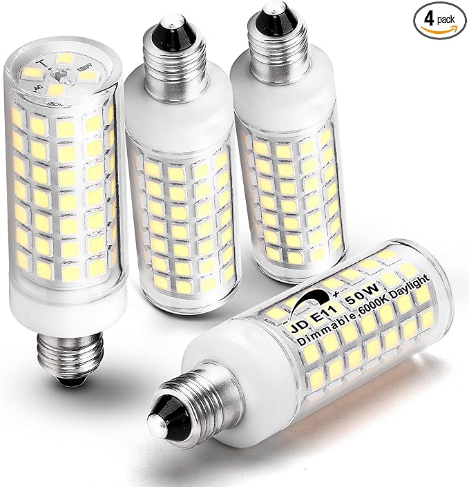 ALIDE E11 Led Bulbs Dimmable Daylight,JDE11 120V 50W Halogen Candelabra Bulbs Equivalent,T3 T4 Mini Base JD E11 Bulb, 6000K Bright White 5W E11 for Chandeliers, Ceiling Fan, Table Lamps,4Pack