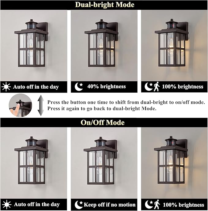 MICSIU 11.75" Bronze Motion Sensor Outdoor Wall Light, Dusk to Dawn Exterior Wall Sconce with 3 Modes, Clear Glass Anti-Rust Porch Light for House, Garage, Oil Rubbed Bronze, 1-Pack