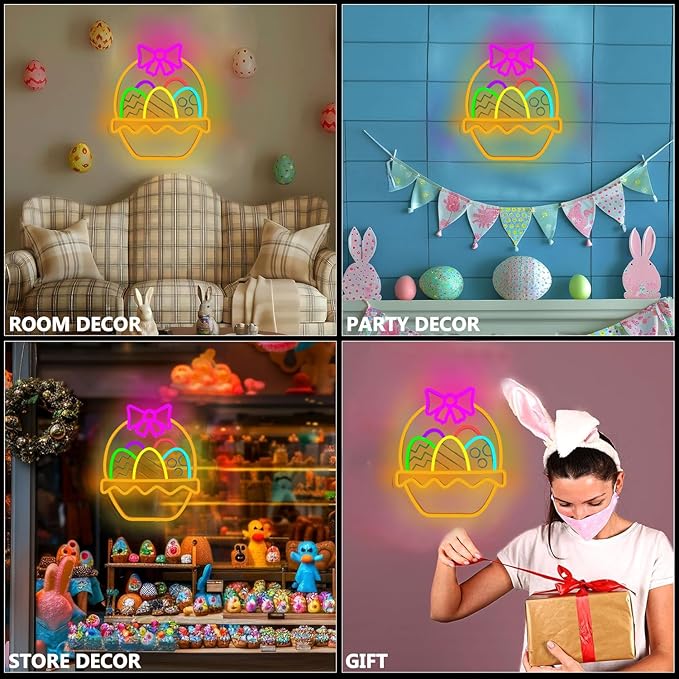 Easter Eggs Neon Signs for Wall Decor, Easter Egg Baskets with Bow Decorations Gifts, USB Dimmable LED Neon Lights Sign Party Decor for Bedroom Window Door Yard Bar Classroom Church