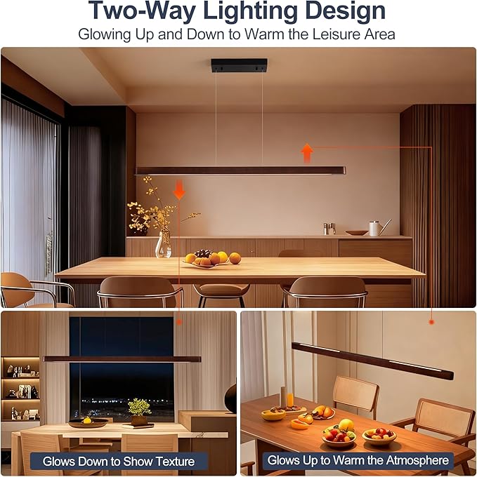 59" Wood Linear Pendant Light, 24W LED Hanging Pendant Light, Pendant Lights Kitchen Island with Remote, Adjustable Linear Chandelier for Dining Room, Kitchen Island, Bar, Offices-Walnut