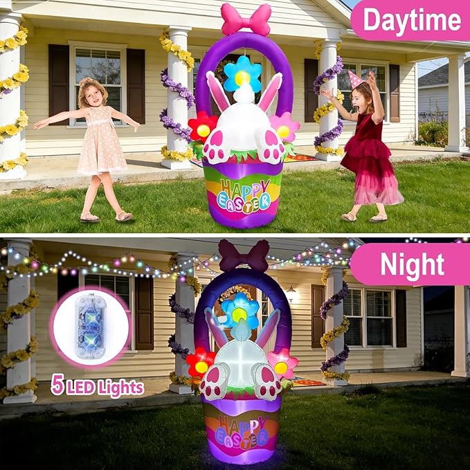 6FT Tall Easter Inflatable Bunny Jumping into the Flower Basket Outdoor Decoration, Blow Up Bunny Inflatables Built-in 5 LEDs for Easter Day Outdoor Indoor Yard Garden Lawn Decor