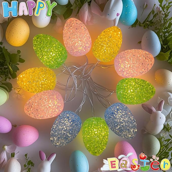Easter Egg String Lights Battery Powered 6.8Ft Easter Lights String 10 LED Egg Shaped Light with Timer, Outdoor Pastel Light for Indoor Home Party Spring Themed Bedroom Fireplace Decor