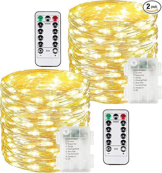 2 Pack 200LED Christmas Battery Operated Fairy Lights with Remote, 8 Modes String Light with Timer, Dimmable, Memory Function, Waterproof Twinkle Lights for Outdoor Indoor Christmas Decor(Warm White)