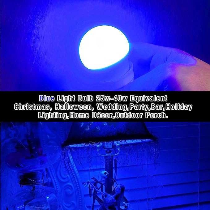 E26 Blue Light Bulb 25w-40w Equivalent, 3W Blue Christmas Lighting Bulb 300lm, G45 Colored Light Bulbs for Halloween, Party, Holiday Lighting, Home Decoration, Outdoor Porch, Non-Dimmable, 2 Pack