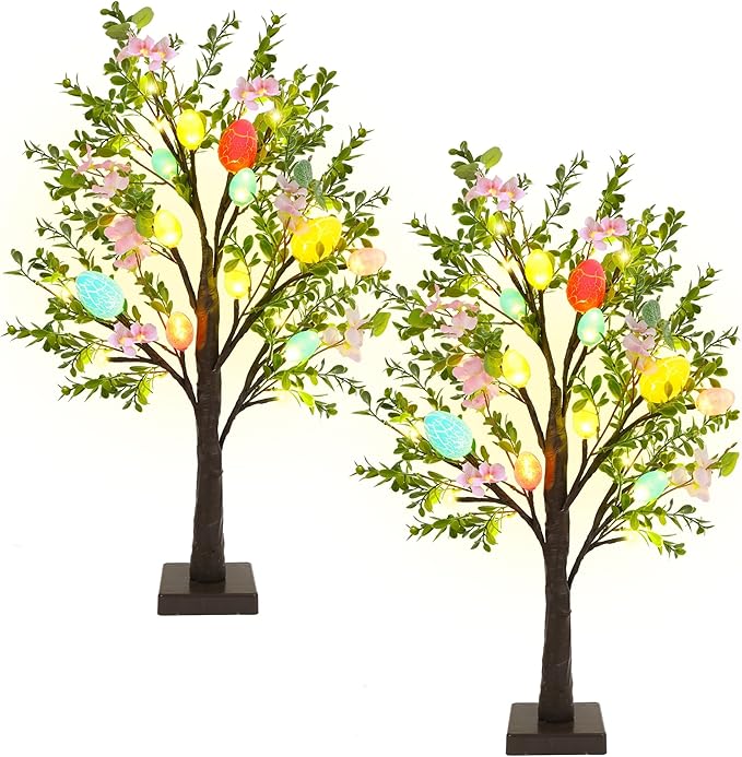 DR.DUDU Easter Decor Set of 2 Lighted 24 Inch Artificial Tree with Easter Eggs & Colorful LED Lights, Light Up Tabletop Bonsai Tree for Table Home Holiday Spring Decor
