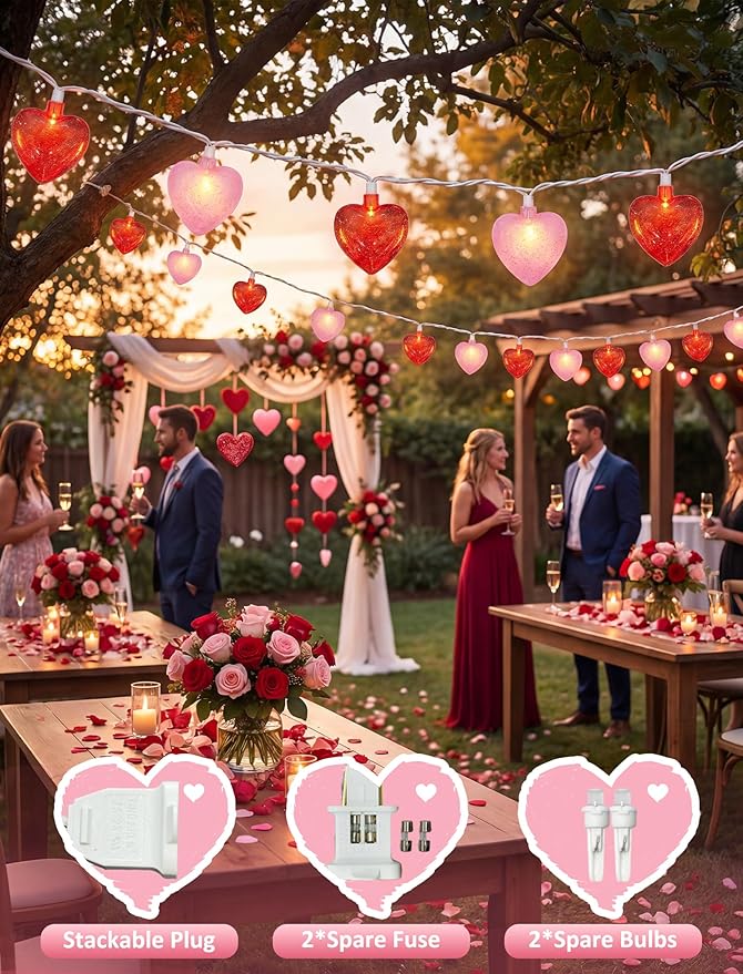 8.5Ft Red and Pink Heart String Lights,10 LED 3D Glitter Hearts Plug in Fairy Heart Shape Lights,Connectable Valentine's Day Decorations for Bedroom,Window,Wedding,Anniversary,Indoor Outdoor