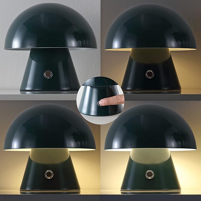 JONATHAN Y 7" Forest Green Rechargeable Cordless Mushroom Table Lamp, Portable LED Nightstand Lamp for Bedroom Living Room, Metal Shade, 3-Way Dimmable Touch Sensor Modern Accent (JYL7116C)