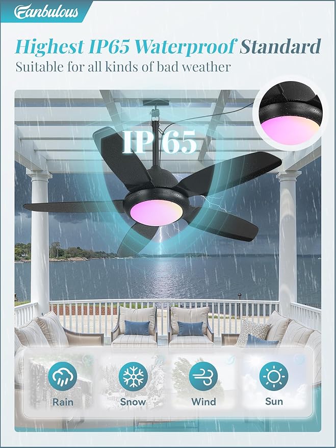 Fanbulous 42 Inch RGB Waterproof Outdoor Ceiling Fan with Lights,APP & Remote Control,IP65 Hanging Gazebo Fan with 3CCT 6-Speed DC Motor,Black Wet Rated Plug in with Cord for Patios Porch Pergola